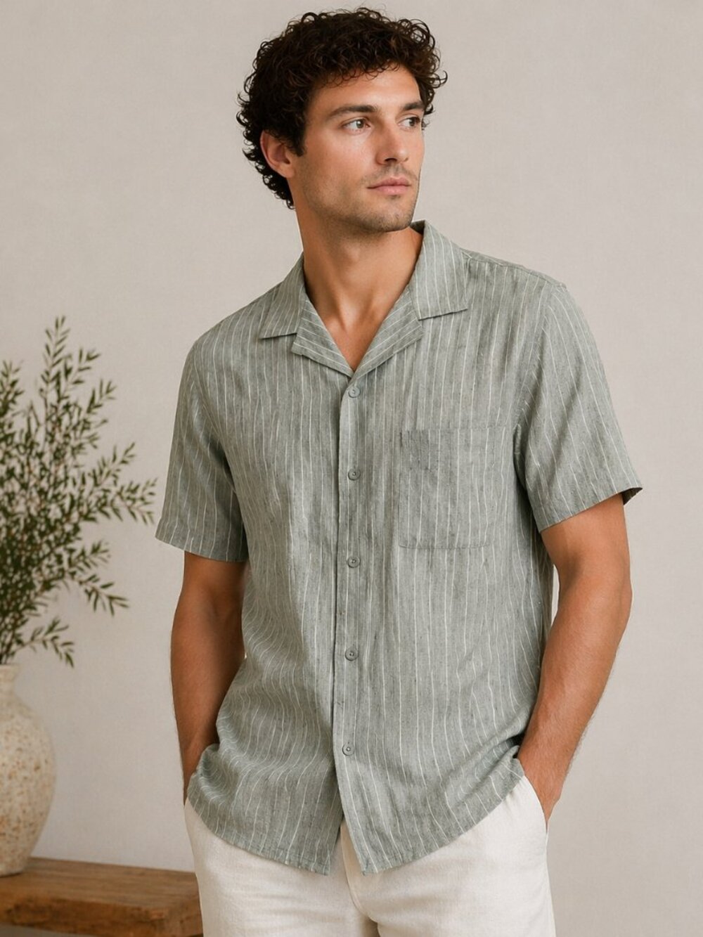 Onia Linen Blend Green Striped Camp Collar Relaxed Short-Sleeve Button-Up Shirt